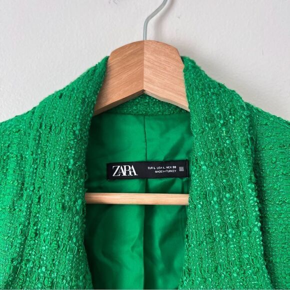 Zara Tweed Oversized Blazer Textured Double Breasted Size Large in Green Blogger - Picture 5 of 11
